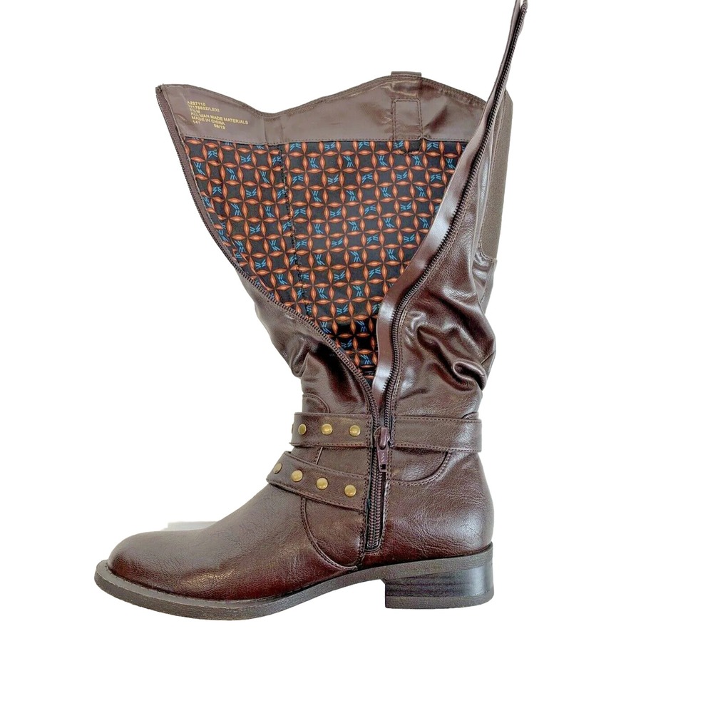 MT Lexi (QVC)Brown Slouch High Riding Boots Straps Studs Sz 5.5 NEW NO‎ BOX